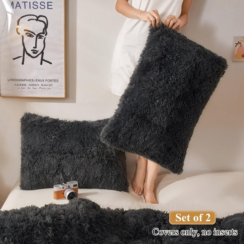 XeGe Faux Fur Throw Pillow Cases, Plush Shaggy Ultra Soft Pillow Covers, Fluffy Crystal Velvet Decorative Pillowcases, Furry Fuzzy Pillow Shams Zipper Closure, Set of 2(Standard, Dark Gray) - Image 2